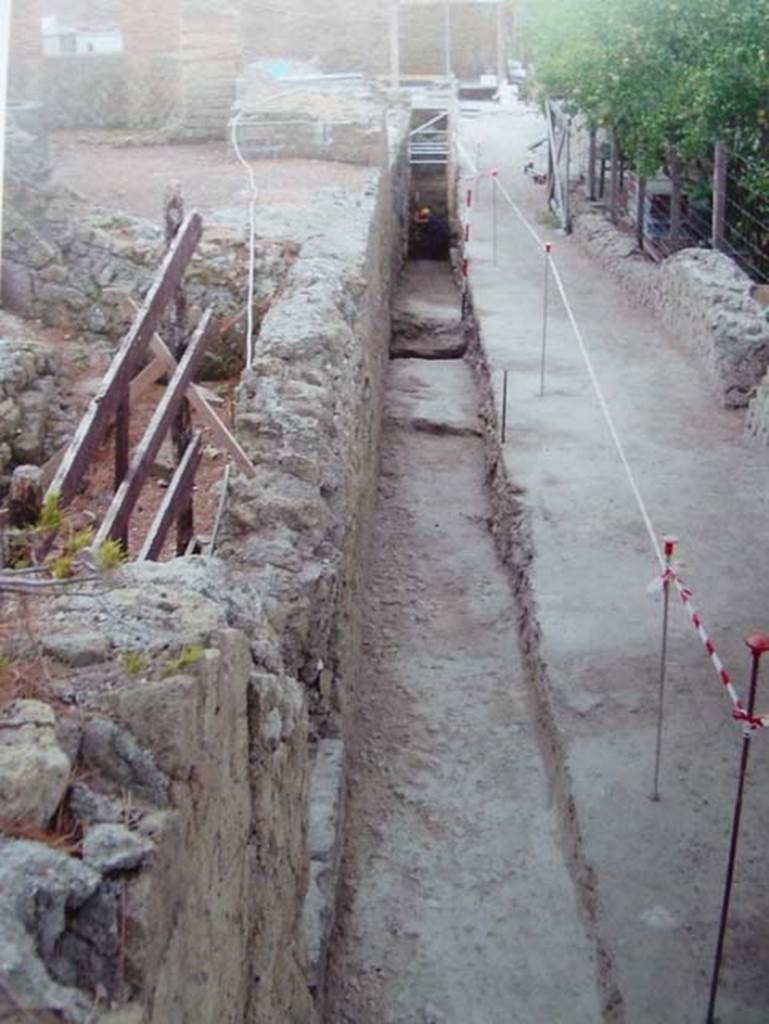 Herculaneum Ins. Orientalis I.3, on right.
Looking east along test trench in Vicolo Meridionale showing steep drop in natural terrain to the east.
See Wallace-Hadrill, A. (2011). Herculaneum, Past and Future. London, Frances Lincoln Ltd., p. 105.